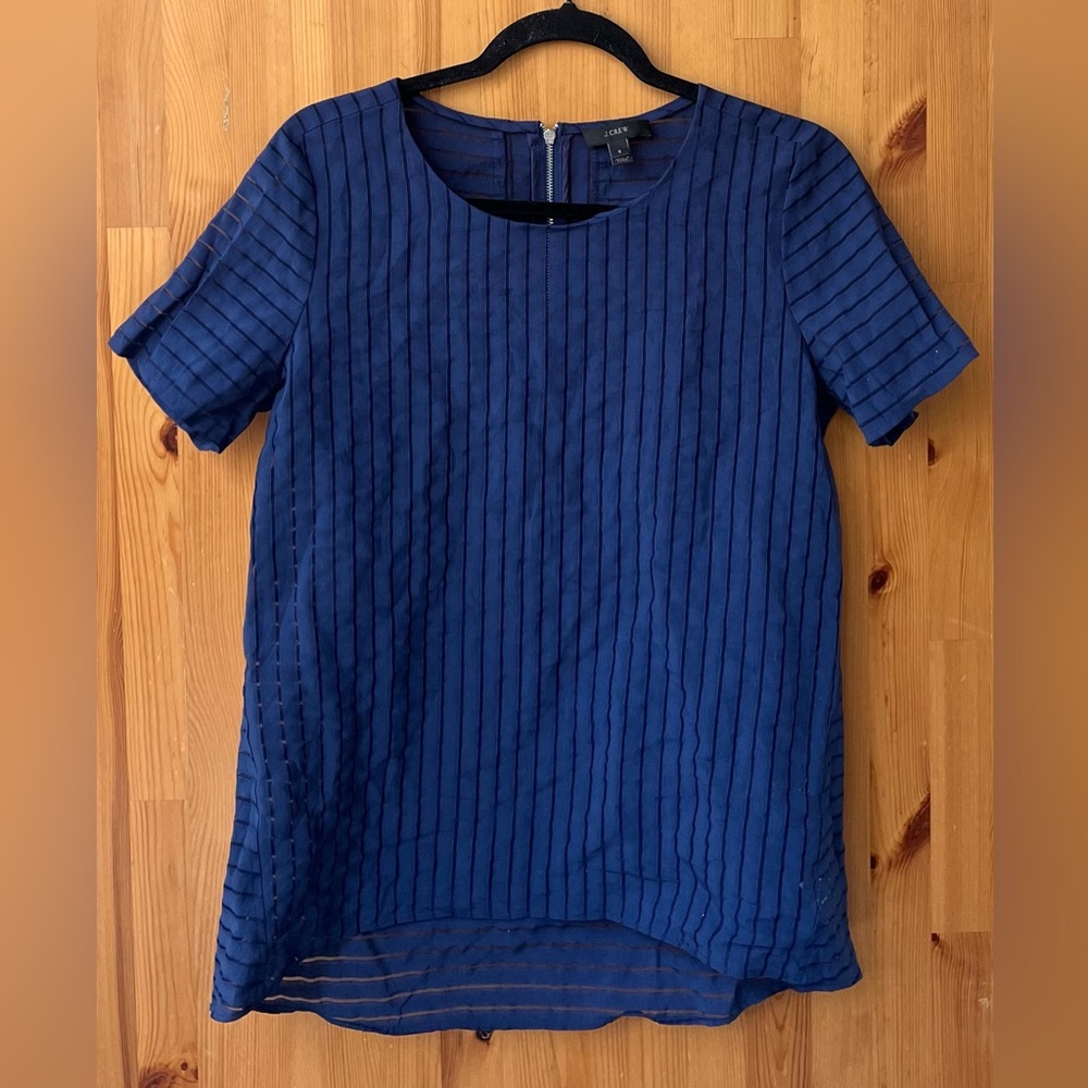 J. Crew Women's Navy Blue Striped Short Sleeve  Round Neck Blouse - Size 6